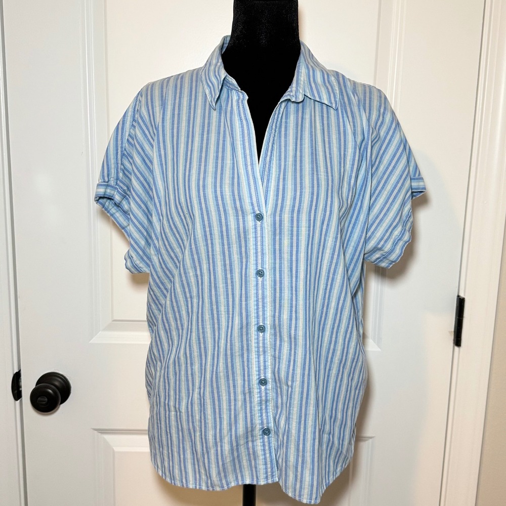 Patagonia Womens Blue White Striped Organic Cotton Hemp Button Up Shirt Medium